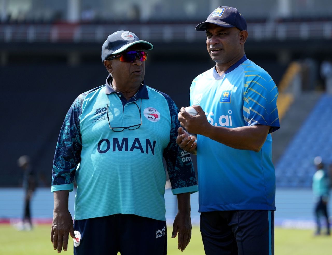 Duleep Mendis and Sanath Jayasuriya, former Sri Lanka captains, now opposing coaches, Sri Lanka vs Oman, T20 World Cup, Pallekele, February 12, 2026