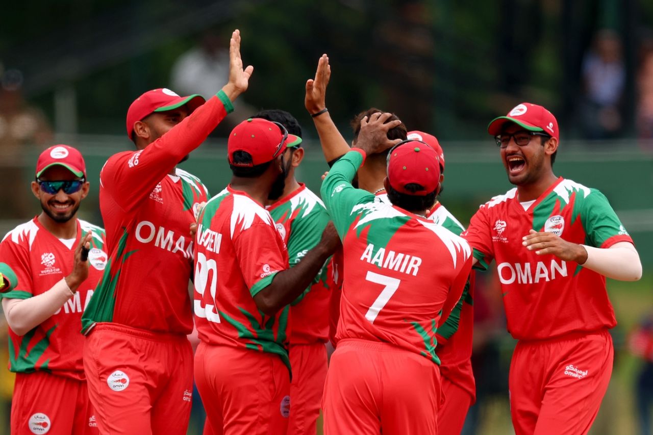 The Oman players celebrate after Sufyan Mehmood sent back Pathum Nissanka, Sri Lanka vs Oman, T20 World Cup, Pallekele, February 12, 2026