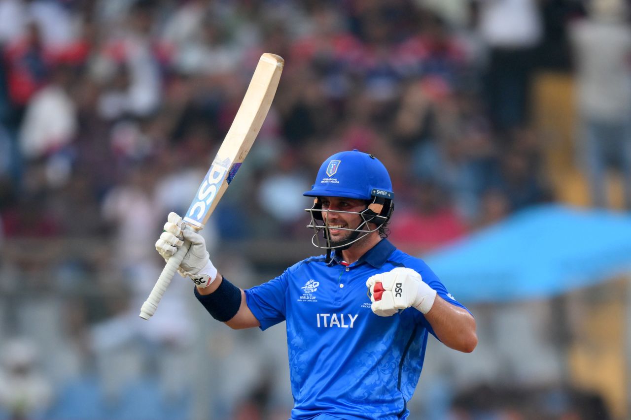 Justin Mosca celebrates his fifty, Nepal vs Italy, T20 World Cup, Mumbai, February 12, 2026