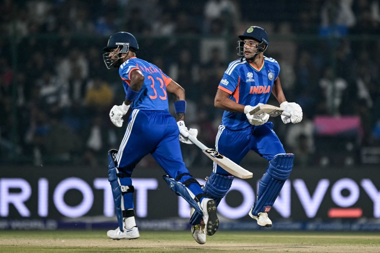 Hardik Pandya and Shivam Dube run between the wickets, India vs Namibia, Men's T20 World Cup, New Delhi, February 12, 2026
