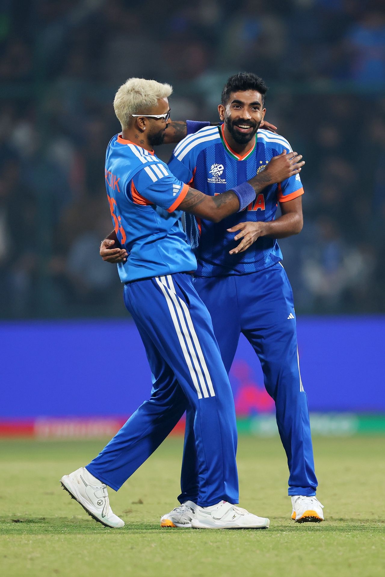 Jasprit Bumrah celebrates with Hardik Pandya, India vs Namibia, Men's T20 World Cup, New Delhi, February 12, 2026