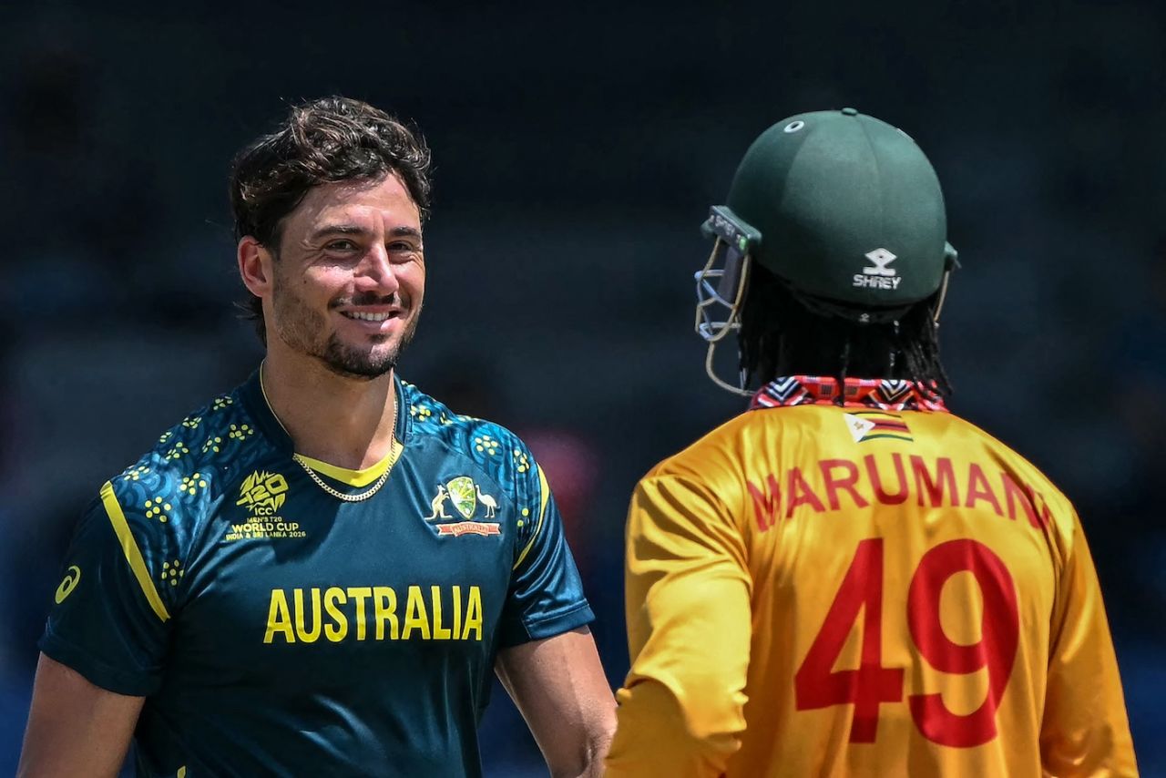 Marcus Stoinis flashes a smile at Tadiwanashe Marumani after dismissing him, Australia vs Zimbabwe, T20 World Cup, Colombo, February 13, 2026