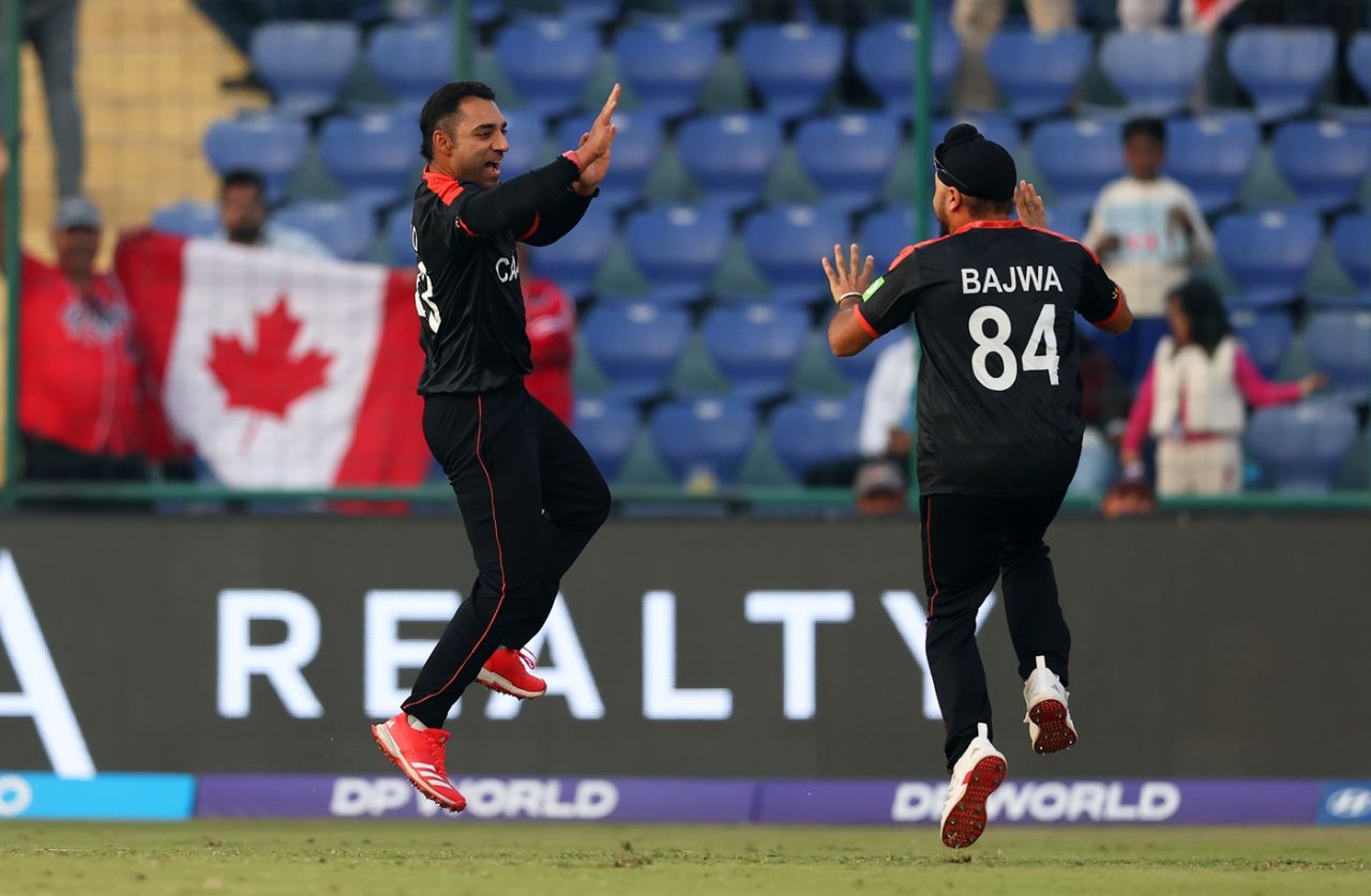 Saad Bin Zafar celebrates Alishan Sharafu's dismissal, Canada vs UAE, Men's T20 World Cup, Delhi, February 13, 2026