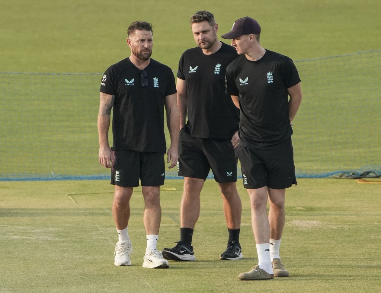 England head coach Brendon McCullum, selector Luke Wright and captain Harry Brook look at the Eden Gardens pitch, England vs Scotland, Men's T20 World Cup, Kolkata, February 13, 2026