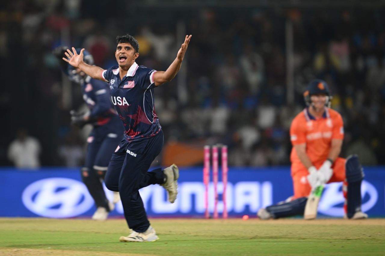 Nosthush Kenjige exults after dismissing Michael Levitt, Netherlands vs USA, T20 World Cup 2026, Group A, Chennai, February 13, 2026