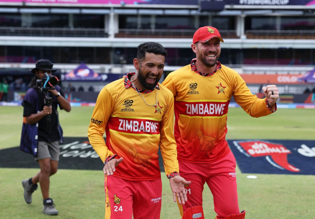 Brendan Taylor celebrates Zimbabwe's win with Sikandar Raza, Australia vs Zimbabwe, T20 World Cup, Colombo, February 13, 2026