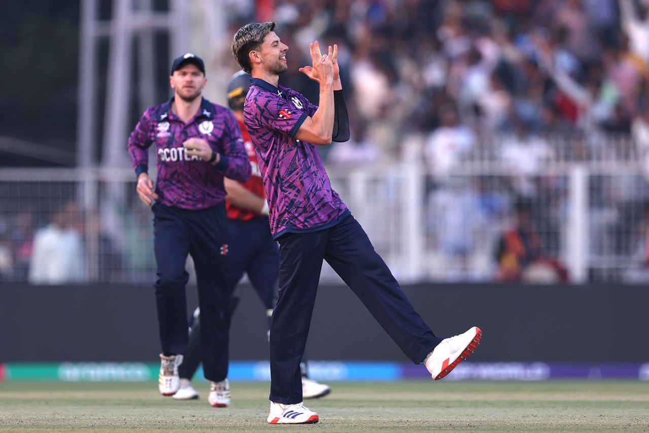 Brad Currie celebrates the wicket of Jos Buttler, England vs Scotland, T20 World Cup, Group C, Kolkata, February 14, 2026