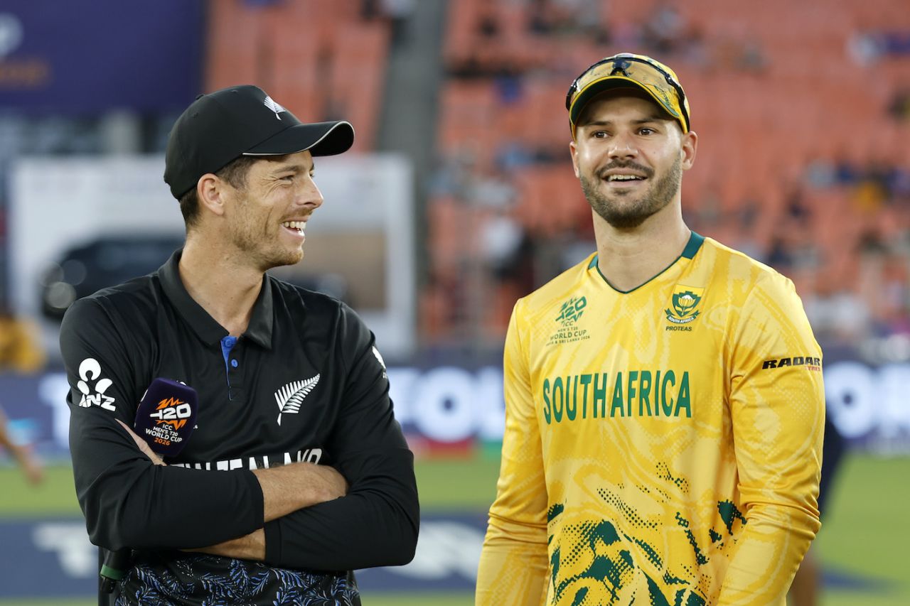 Mitchell Santner and Aiden Markram have a laugh, New Zealand vs South Africa, T20 World Cup, Group D, Ahmedabad, February 14, 2026