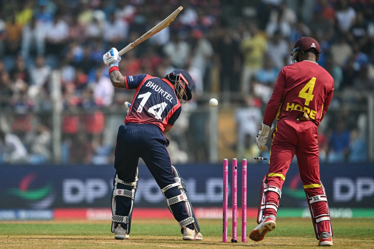 Kushal Bhurtel was cleaned up in the first over, Nepal vs West Indies, T20 World Cup, Mumbai, February 15, 2026