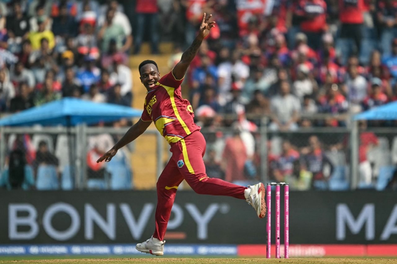 Matthew Forde celebrates a wicket, Nepal vs West Indies, T20 World Cup, Mumbai, February 15, 2026