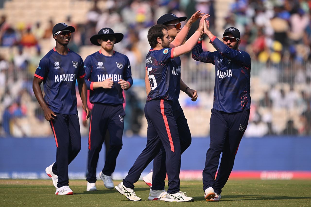 Willem Myburgh celebrates his second wicket, Namibia vs USA, T20 World Cup, Chennai, February 15, 2026