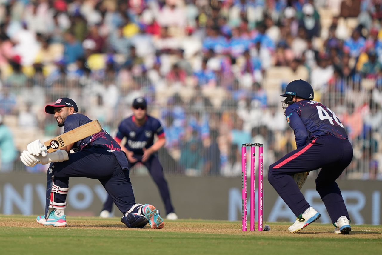 Milind Kumar gets down to sweep, Namibia vs USA, T20 World Cup, Chennai, February 15, 2026