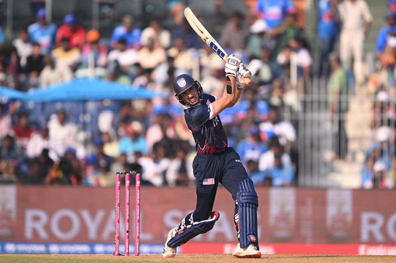 Sanjay Krishnamurthi launches over mid-off, Namibia vs USA, T20 World Cup, Chennai, February 15, 2026