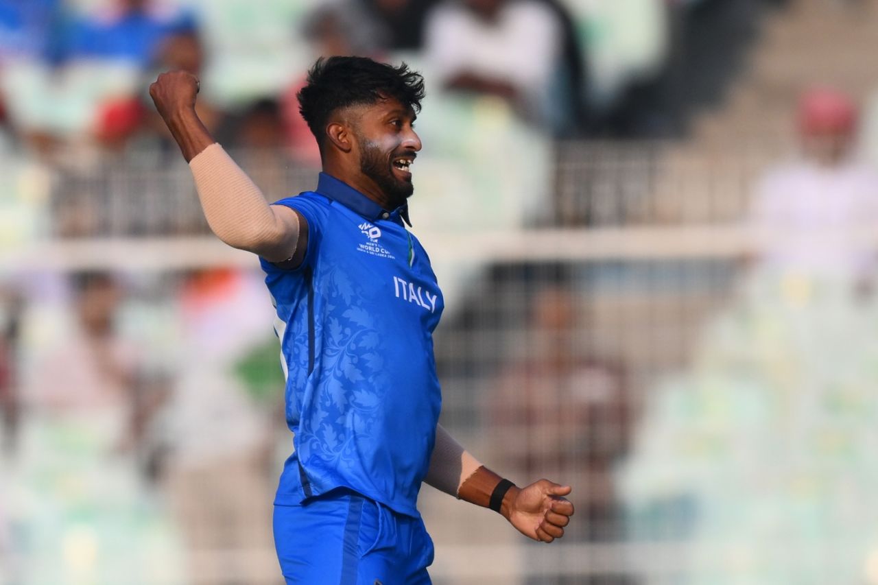 Crishan Kalugamage is jubilant after dismissing Tom Banton, England vs Italy, Eden Gardens, T20 World Cup, February 16, 2026