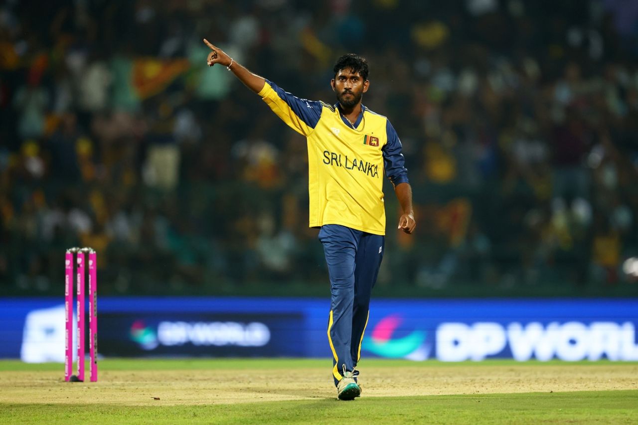 Dushan Hemantha celebrates after getting rid of Mitchell Marsh, Sri Lanka vs Australia, T20 World Cup 2026, Pallekele, February 16, 2026