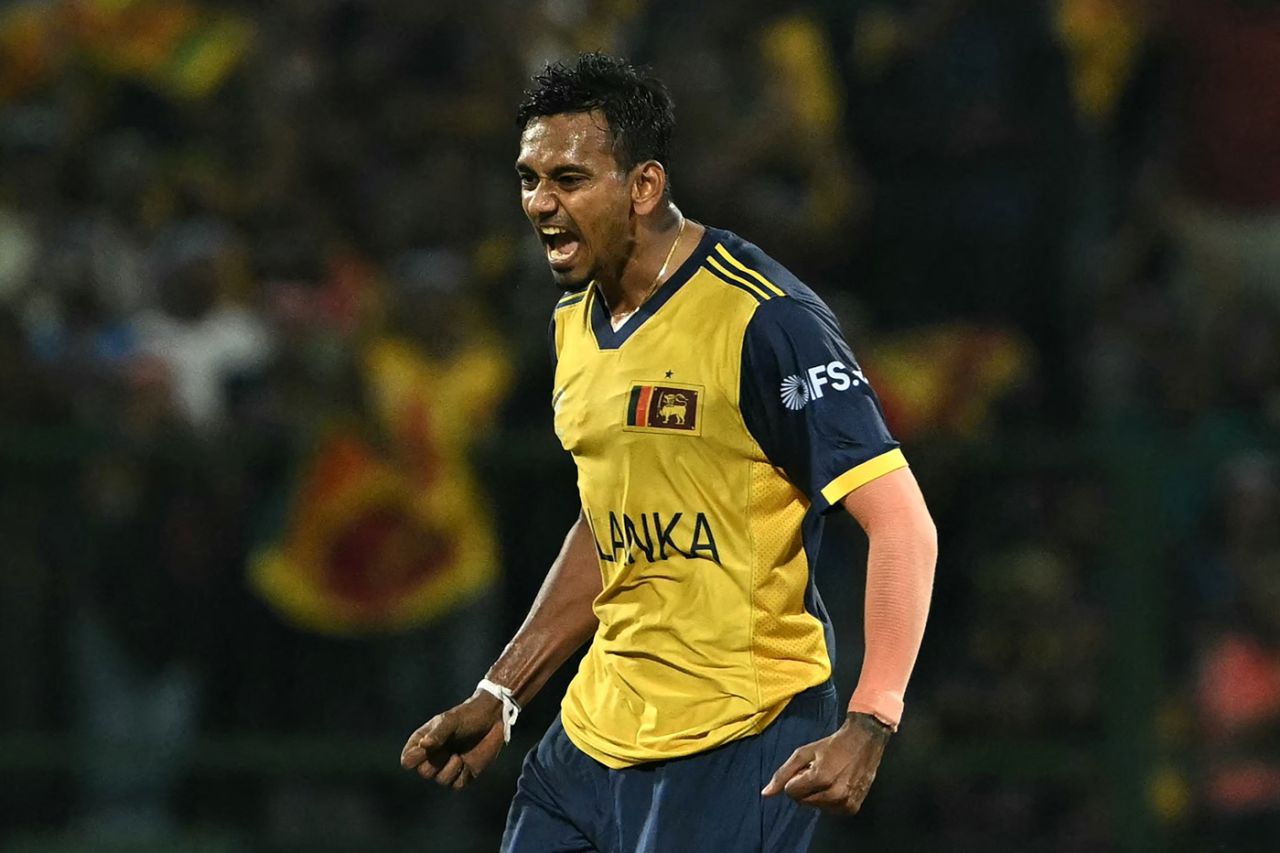 Dushmantha Chameera is ecstatic after sending back Marcus Stoinis, Sri Lanka vs Australia, T20 World Cup 2026, Pallekele, February 16, 2026