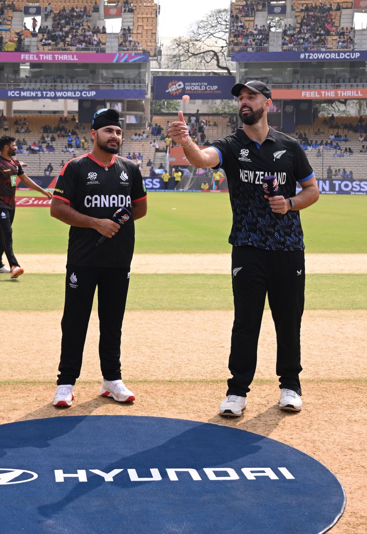 Daryl Mitchell flips the coin as Dilpreet Bajwa calls, Canada vs New Zealand, T20 World Cup, Chennai, February 17, 2026