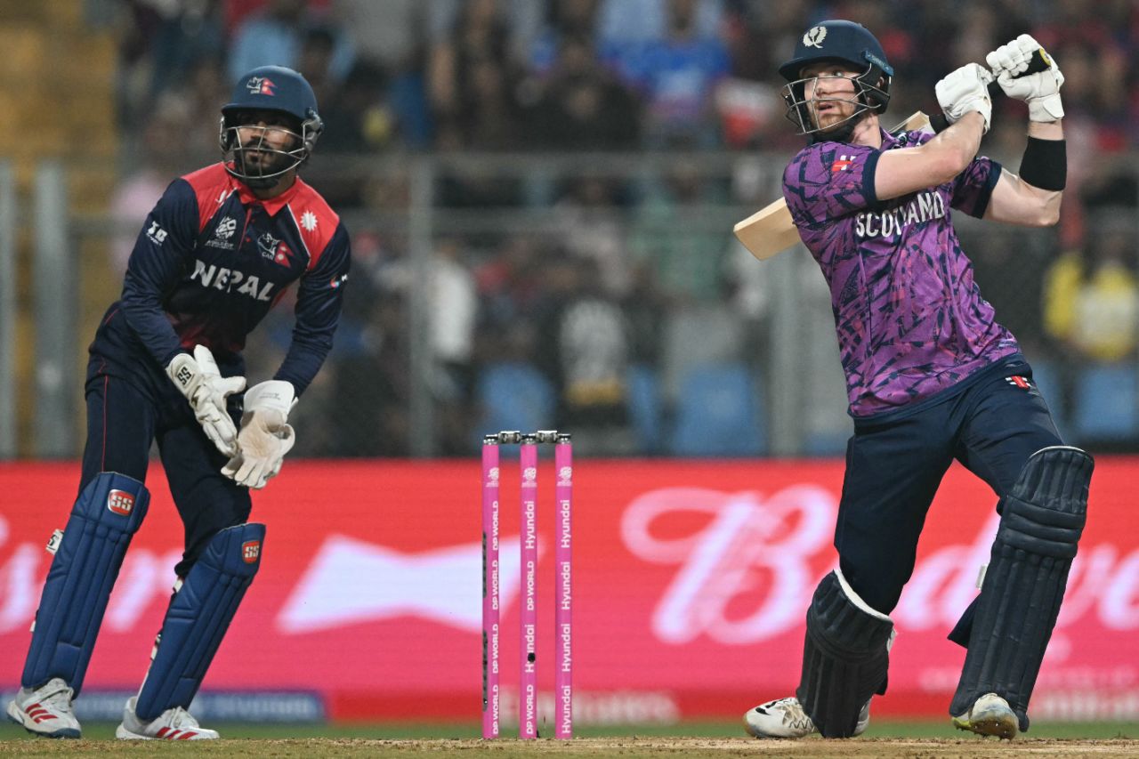 Michael Jones carves through the off side as Aasif Sheikh looks on, Scotland vs Nepal, T20 World Cup, Mumbai, February 17, 2026 