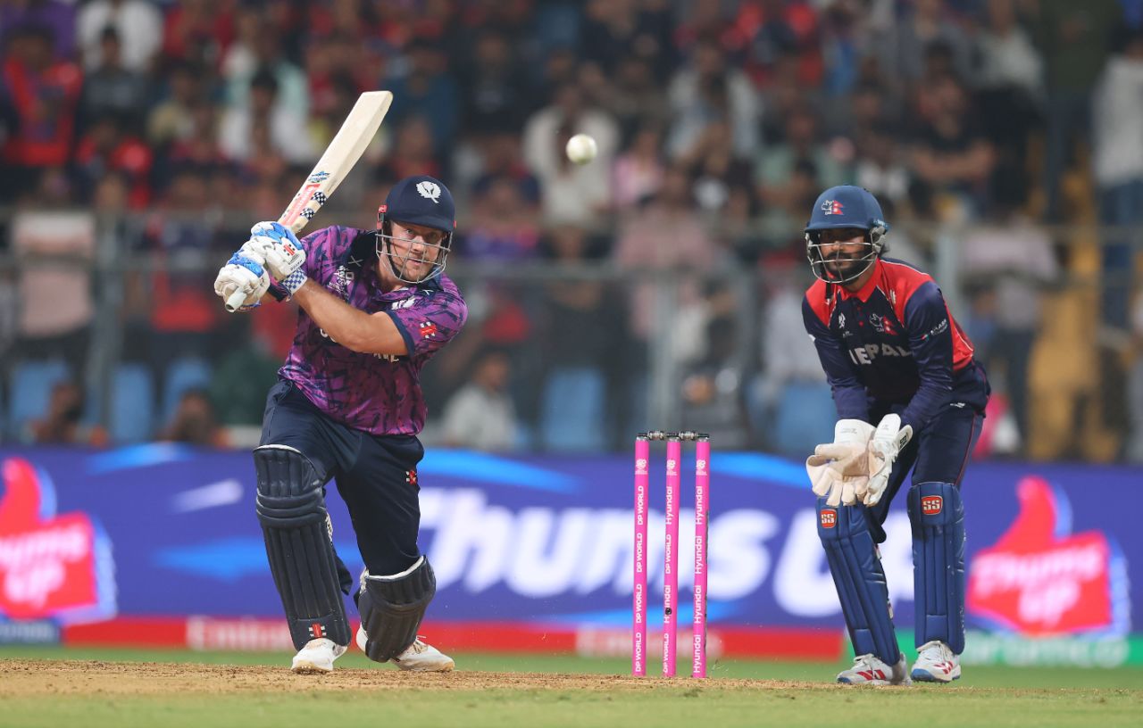 George Munsey drives into the off-side, Scotland vs Nepal, T20 World Cup, Mumbai, February 17, 2026 