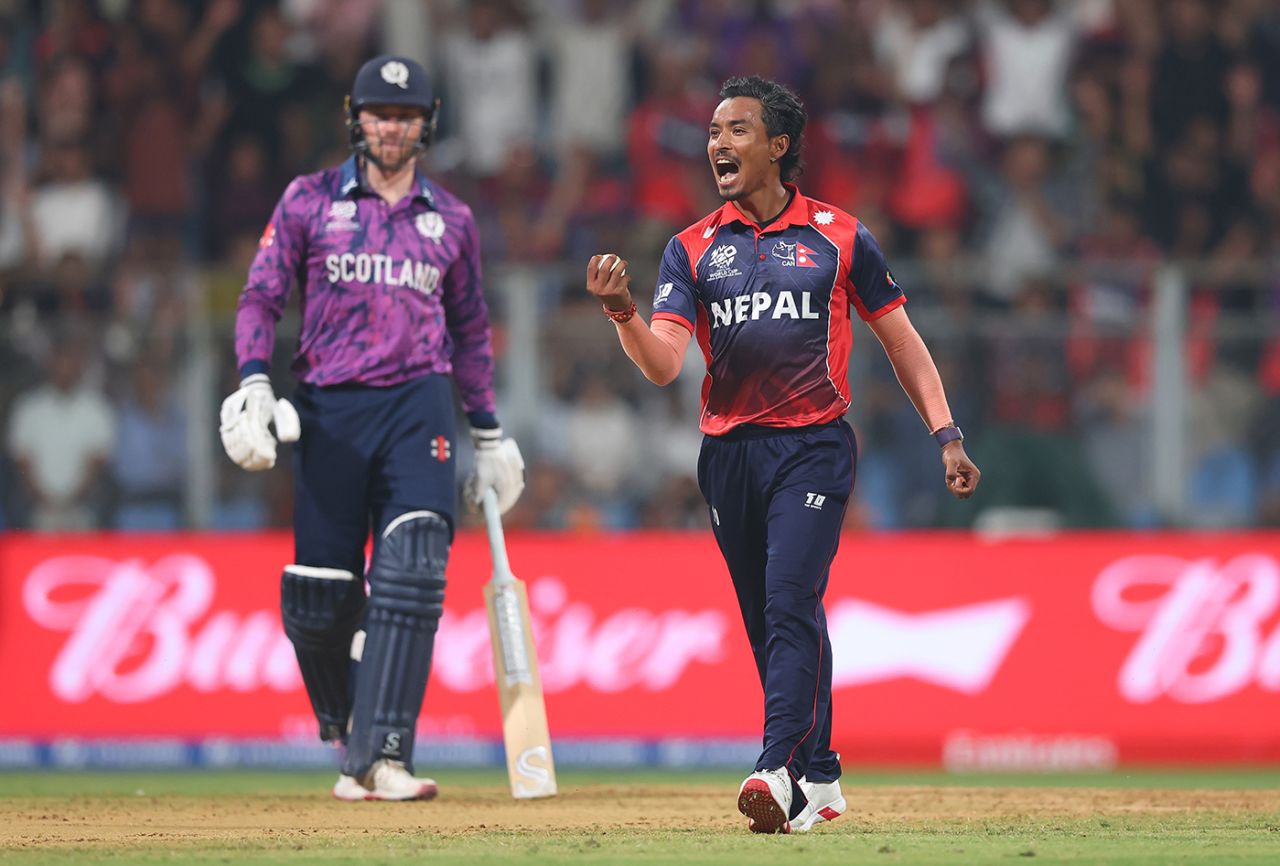 Sompal Kami claimed a brilliant caught-and-bowled, Scotland vs Nepal, T20 World Cup, Mumbai, February 17, 2026
