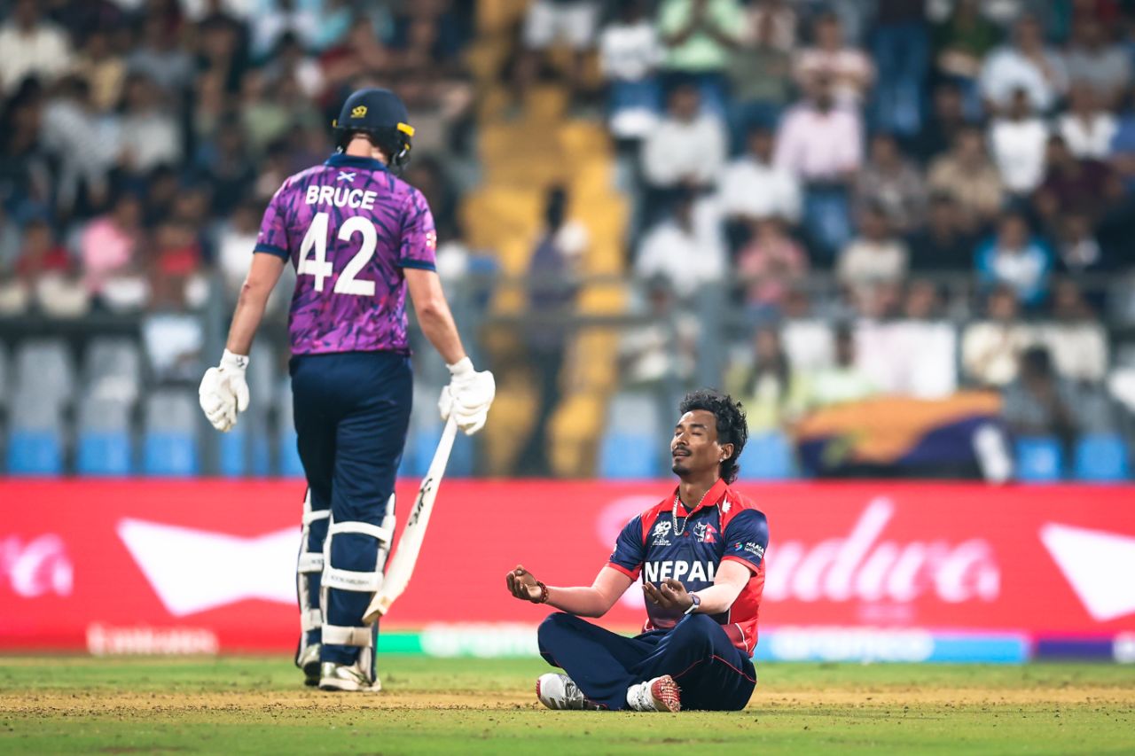 Sompal Kami meditates in celebration after dismissing Tom Bruce, Scotland vs Nepal, T20 World Cup, Mumbai, February 17, 2026 
