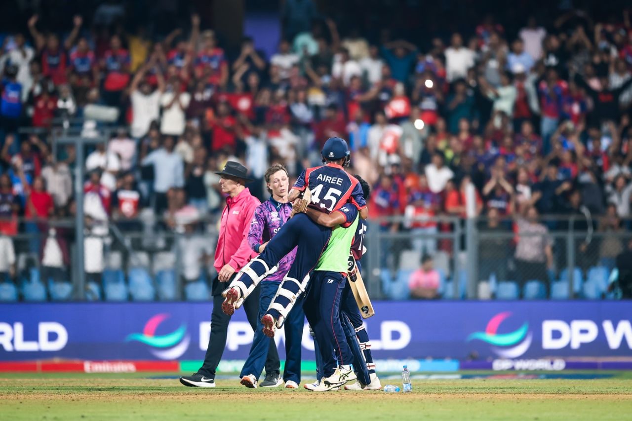 Dipendra Singh Airee celebrates a famous win, Scotland vs Nepal, T20 World Cup, Mumbai, February 17, 2026 