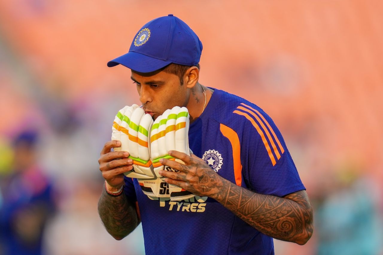Suryakumar Yadav dries his gloves before the game, India vs Netherlands, T20 World Cup, Ahmedabad, February 18, 2026