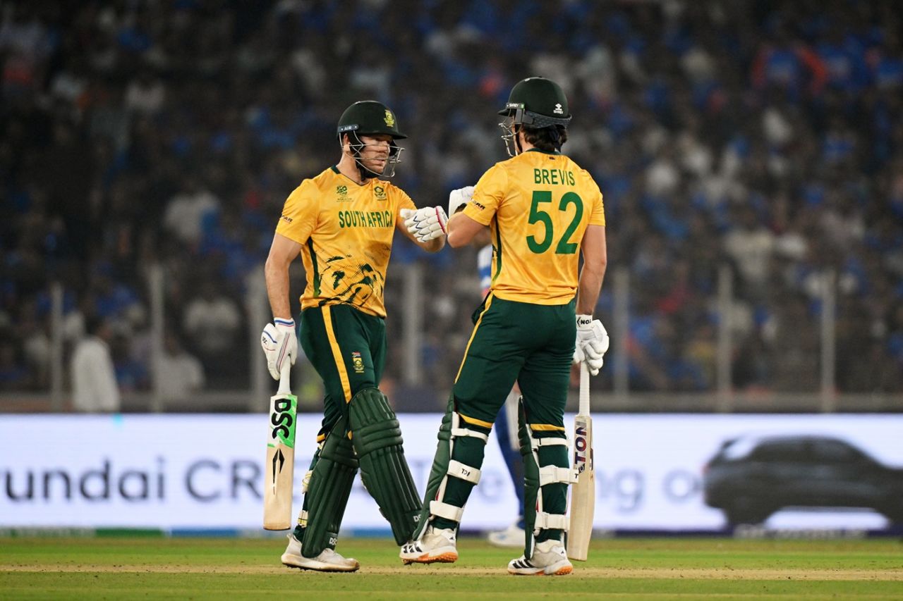 David Miller and Dewald Brevis put up a big stand after an early wobble, India vs South Africa, T20 World Cup 2026, Super Eights, Ahmedabad, February 22, 2026