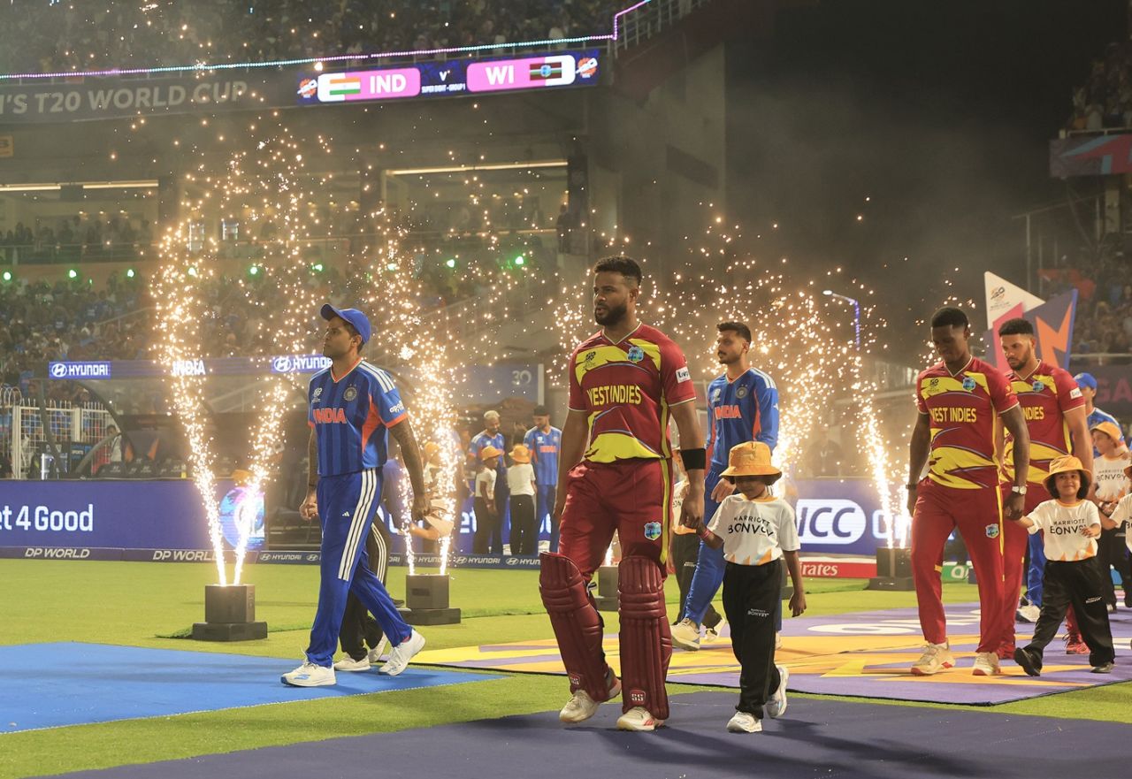 Suryakumar Yadav and Shai Hope lead their teams out for the anthems, India vs West Indies, T20 World Cup Super Eight, Kolkata, March 1, 2026