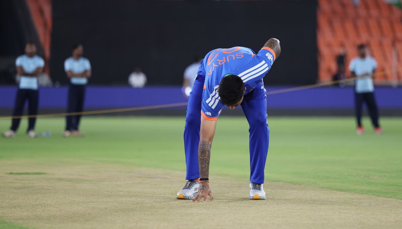 Suryakumar Yadav inspects the Ahmedabad pitch, India vs New Zealand, T20 World Cup final, Ahmedabad, March 7, 2026
