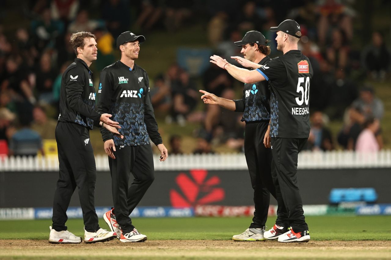 Lockie Ferguson and Mitchell Santner celebrate a wicket, New Zealand vs South Africa, 2nd T20I, Hamilton, March 17, 2023