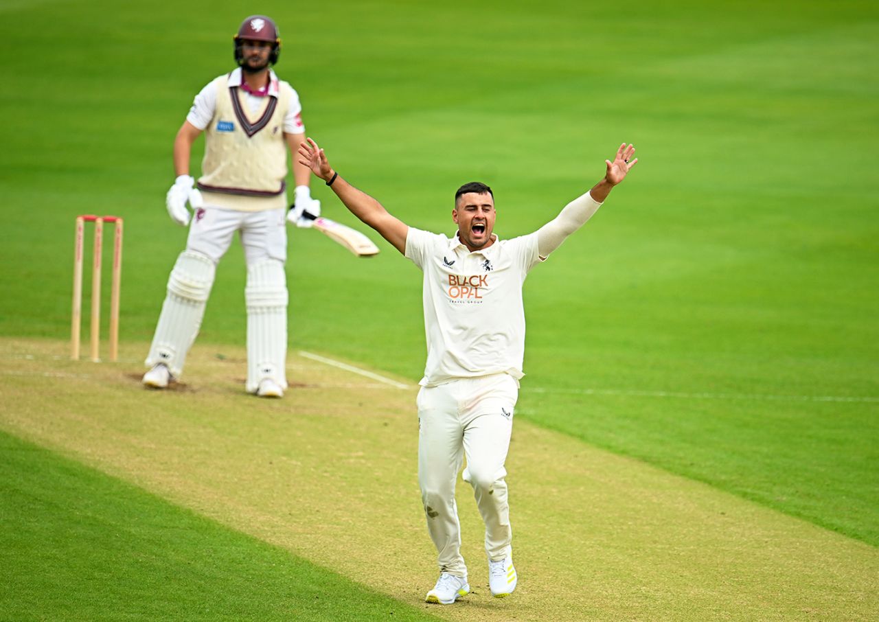 Beyers Swanepoel appeals for lbw, Somerset vs Kent, County Championship, Taunton, May 17, 2024