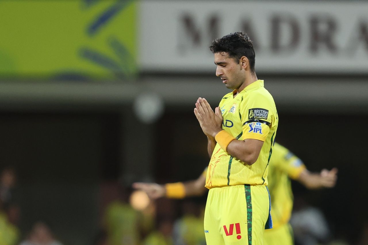 Anshul Kamboj is grateful after taking a wicket, Chennai Super Kings vs Kolkata Knight Riders, IPL 2026, Chennai, April 14, 2026