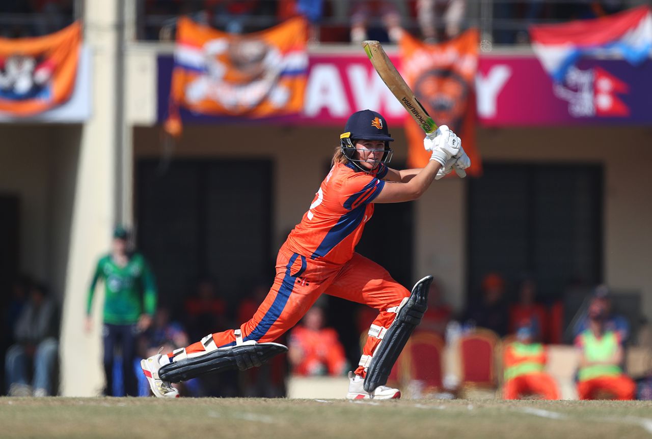 Sterre Kalis on the drive, Ireland vs Netherlands, ICC Women´s T20 World Cup 2026 Qualifier Super Six, Kathmandu, January 30, 2026