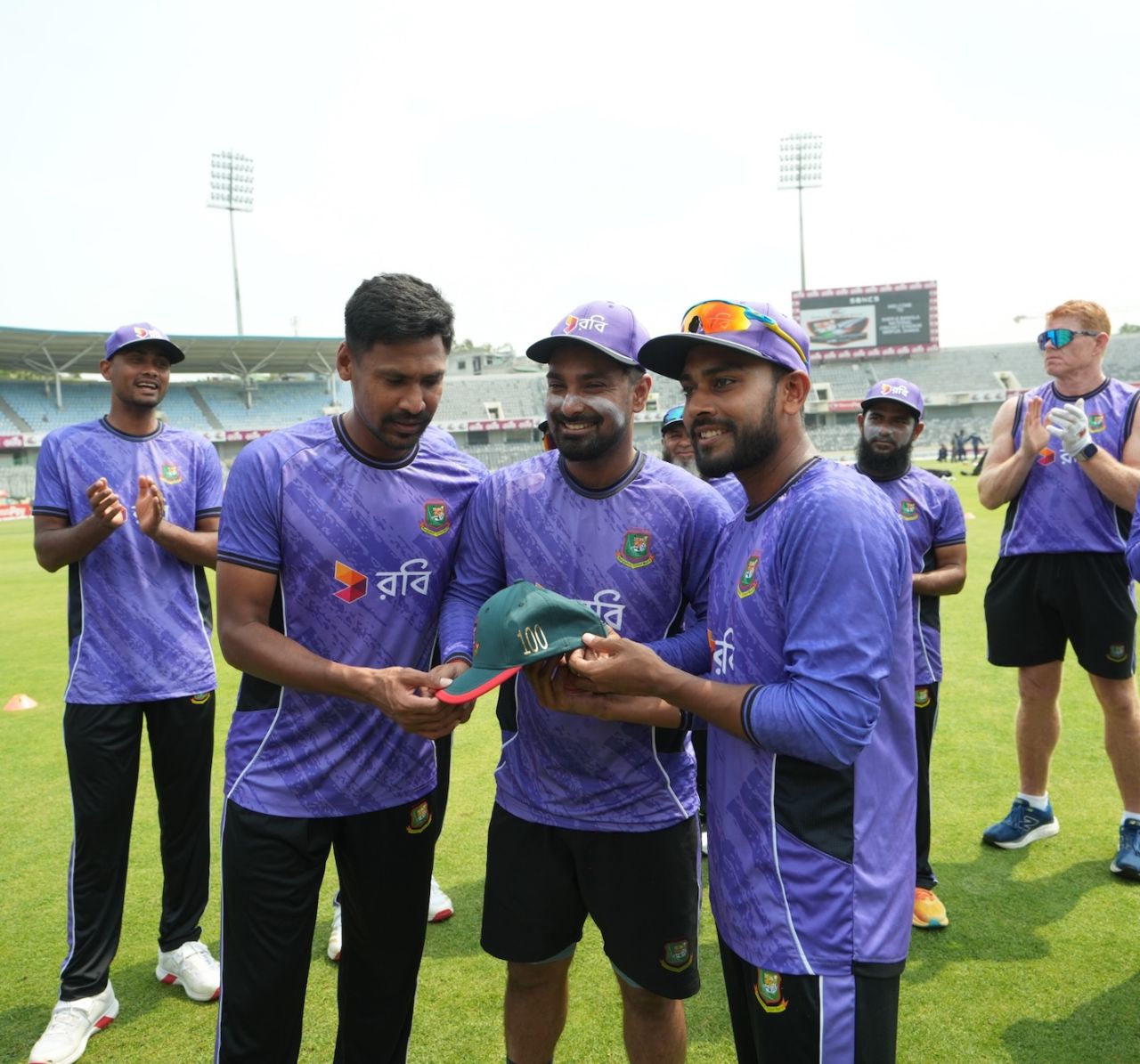 Litton Das got a special cap from Mustafizur Rahman and Mehidy Hasan Miraz ahead of his 100th ODI, Bangladesh vs New Zealand, 2nd ODI, Dhaka, April 20, 2026