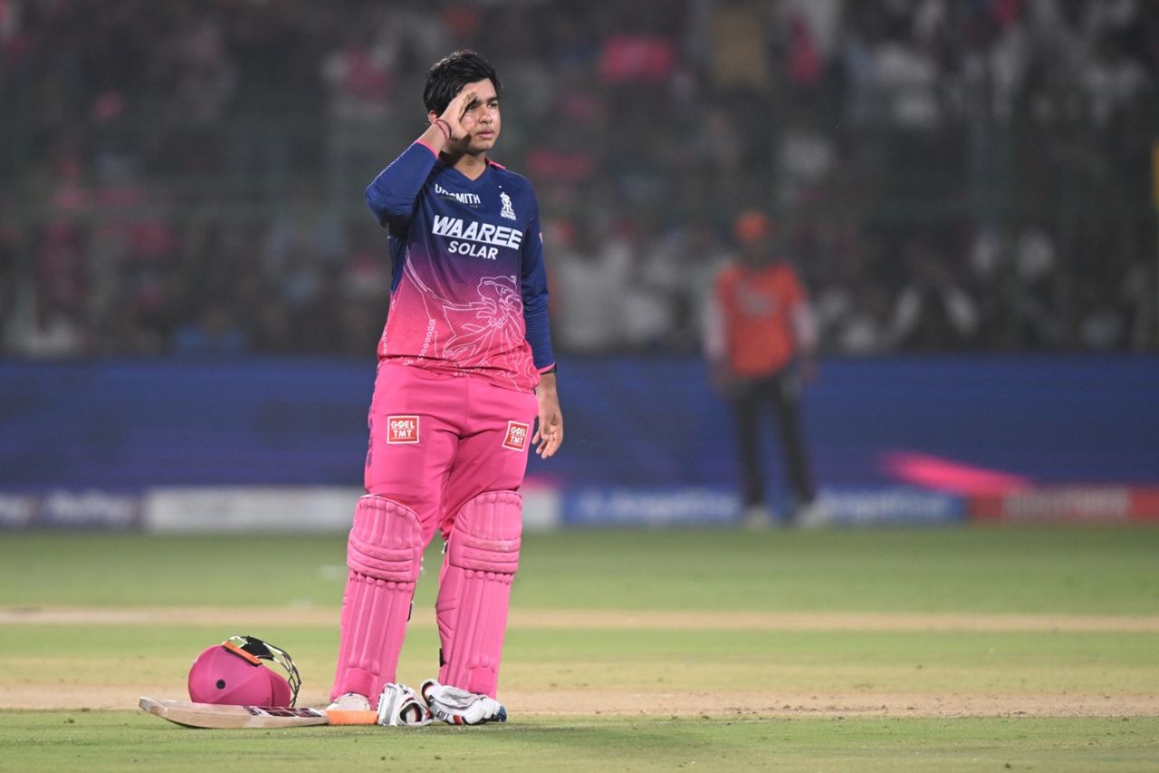 Vaibhav Sooryavanshi salutes after hitting a century, Rajasthan Royals vs Sunrisers Hyderabad, IPL 2026, Jaipur, April 25, 2026