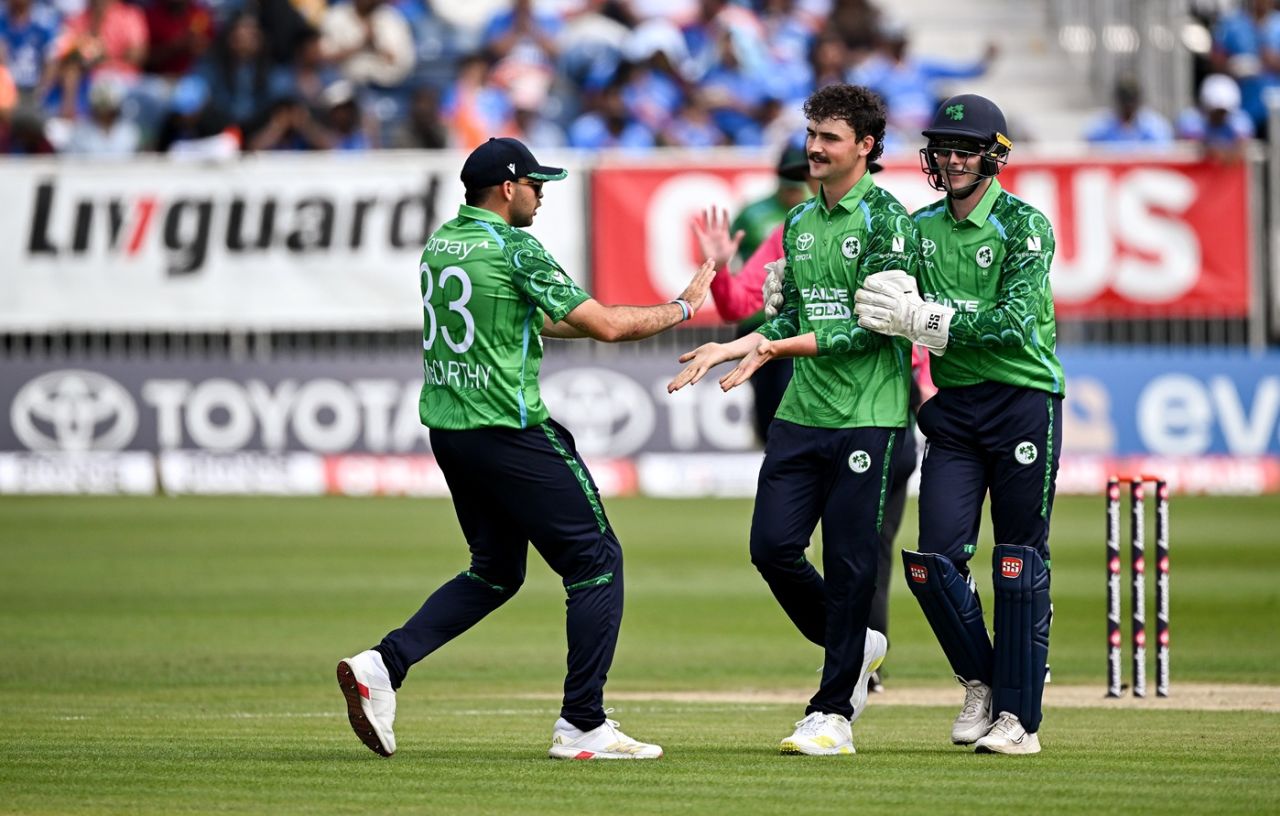 Matthew Humphreys celebrates the dismissal of Tilak Varma, Ireland vs India, 1st men's T20I, Belfast, June 26, 2026