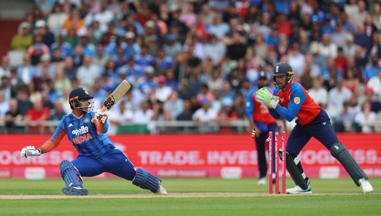 Vaibhav Sooryavanshi was stumped after missing one from Will Jacks, England vs India, 2nd T20I, Manchester, July 4, 2026