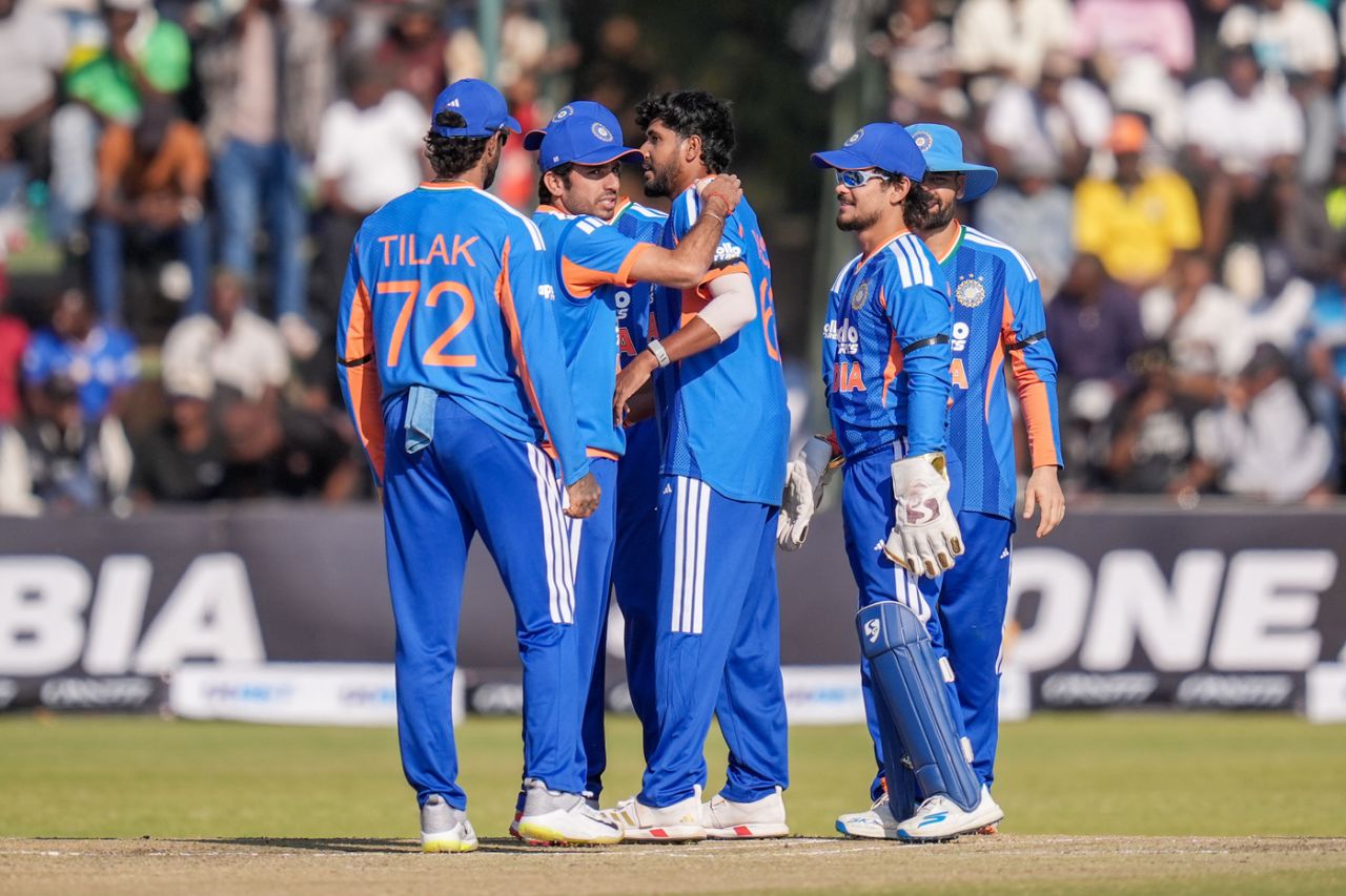 Yash Thakur celebrates his first international wicket, Zimbabwe vs India, 2nd T20I, Harare, July 25, 2026