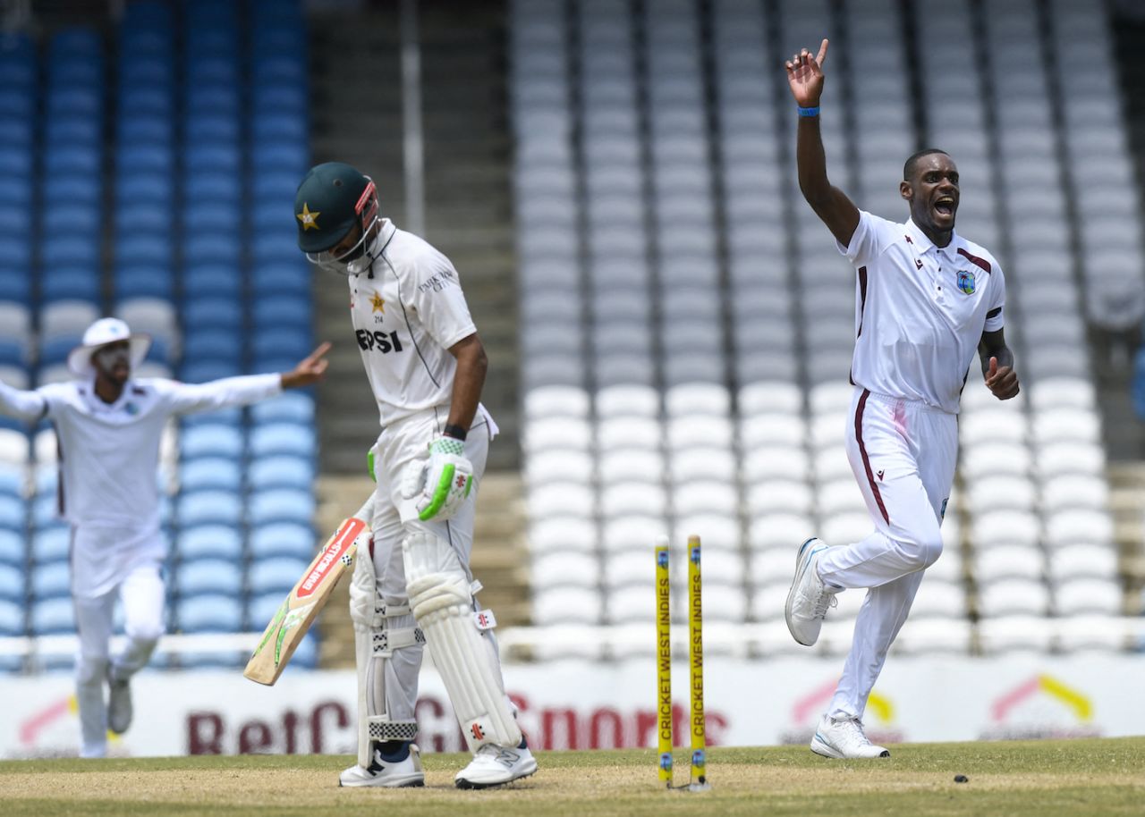 Justin Greaves had Shan Masood slice a drive onto the stumps, West Indies vs Pakistan, 1st Test, Tarouba, 3rd day, July 27, 2026