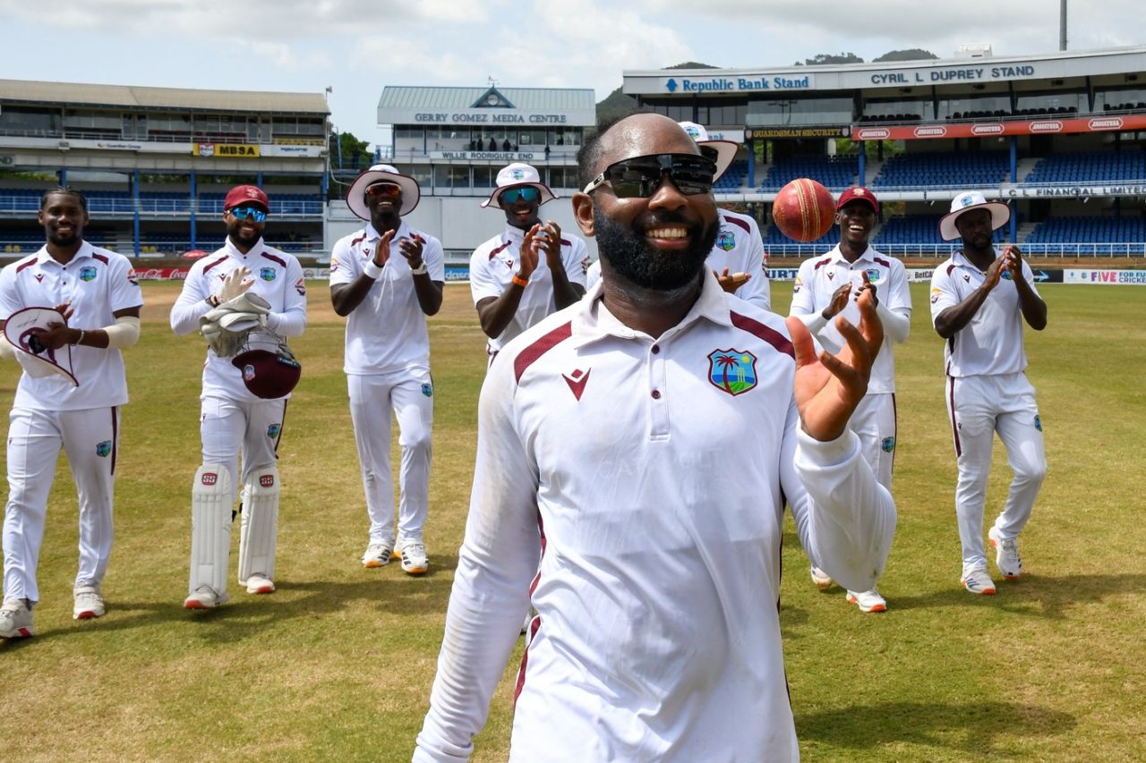 Jomel Warrican leads the team off after picking up a six-for, West Indies vs Pakistan, 2nd Test, Port of Spain, 3rd Day, August 4, 2026