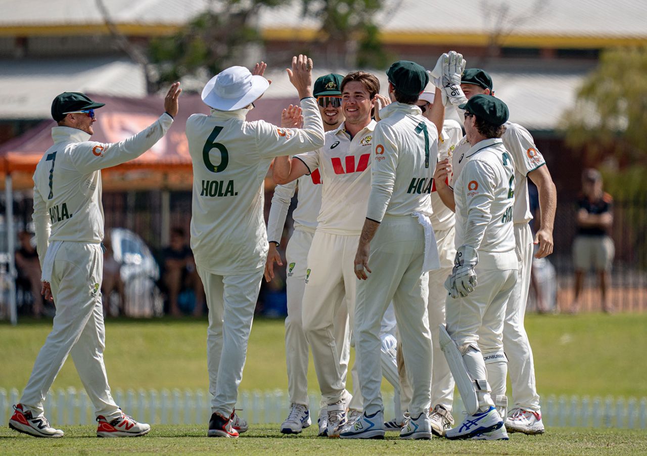Campbell Thompson celebrates another wicket, Cricket Australia XI vs Bangladesh, Tour match, Darwin, August 8, 2026