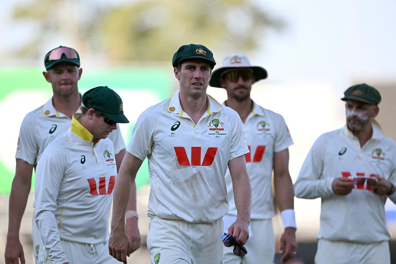 Pat Cummins leads his team off after a long day, Australia vs Bangladesh, 1st Test, Darwin, 2nd day, August 14, 2026