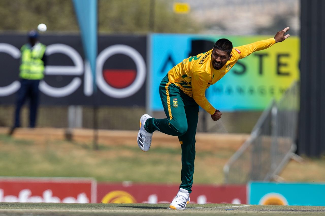 Prenelan Subrayen claimed the wicket of Brian Bennett, Namibia T20I Tri-Series, Windhoek, August 29, 2026