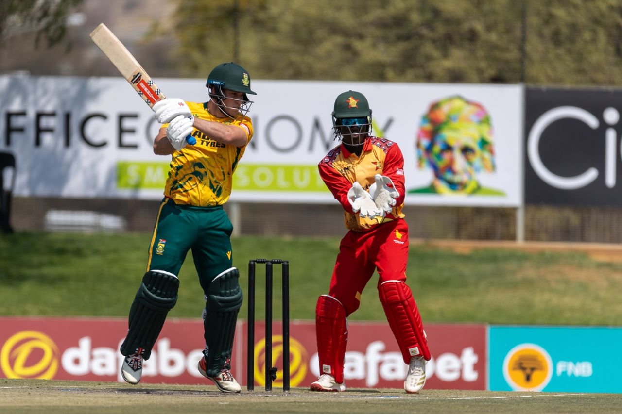 Jordan Hermann cracks one away on the off side, South Africa vs Zimbabwe, Namibia T20I tri-series, Windhoek, September 1, 2026