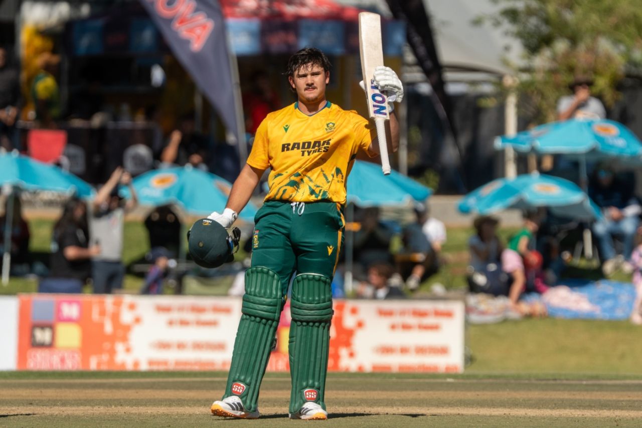 Lhuan-dre Pretorius brings up his hundred, Namibia vs South Africa, Windhoek, Namibia T20I tri-series, September 4, 2026
