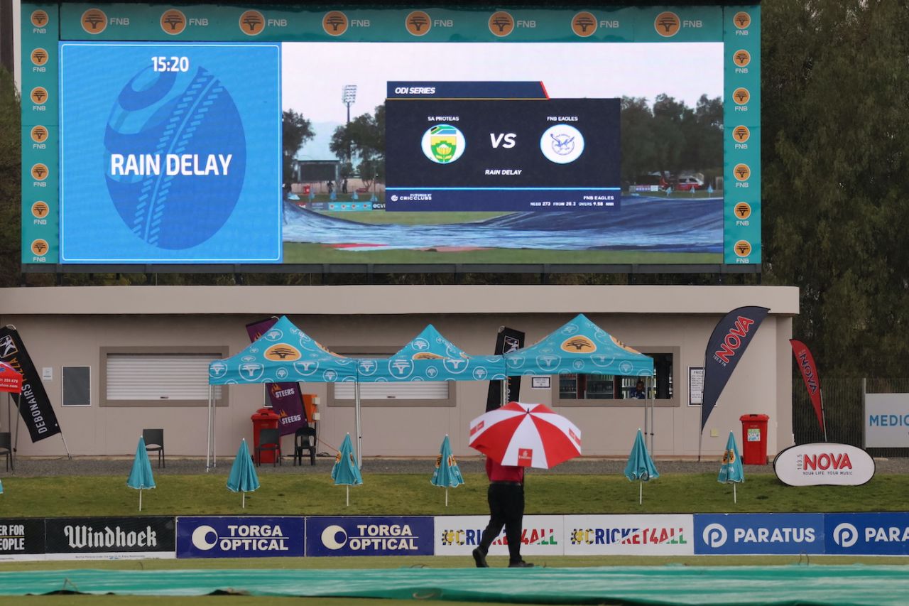 The first rain delay of the game came 71 overs in, Namibia vs South Africa, 1st ODI, Windhoek, September 9, 2026