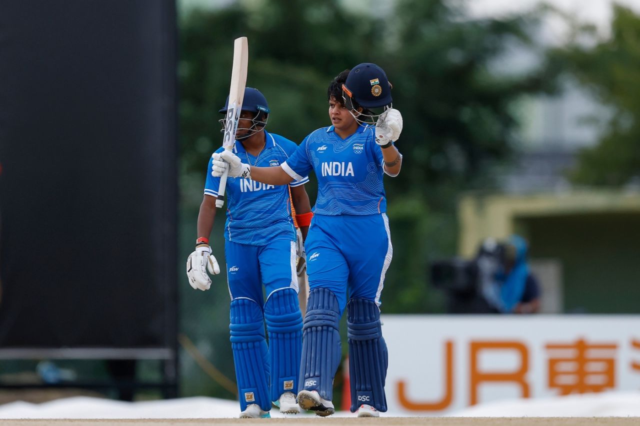 Shafali Verma raises her bat after scoring her maiden ton in white-ball internationals, Bangladesh vs Inda, Asian Games 2026, Nisshin, September 20, 2026
