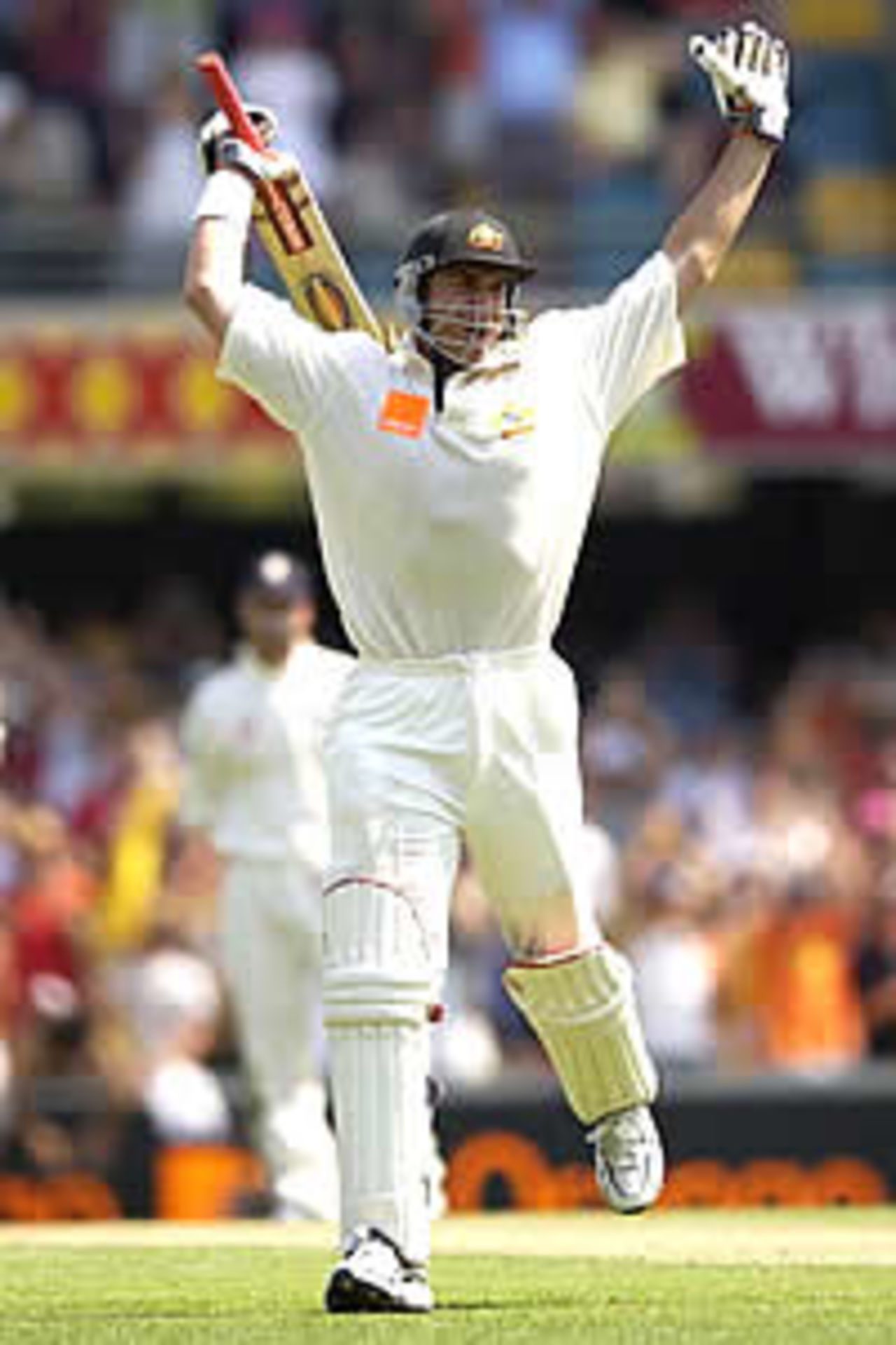 BRISBANE - NOVEMBER 7: Matthew Hayden of Australia celebrates reaching his century during day one of the first Ashes Test between Australia and England at the Gabba in Brisbane, Australia on November 7, 2002.