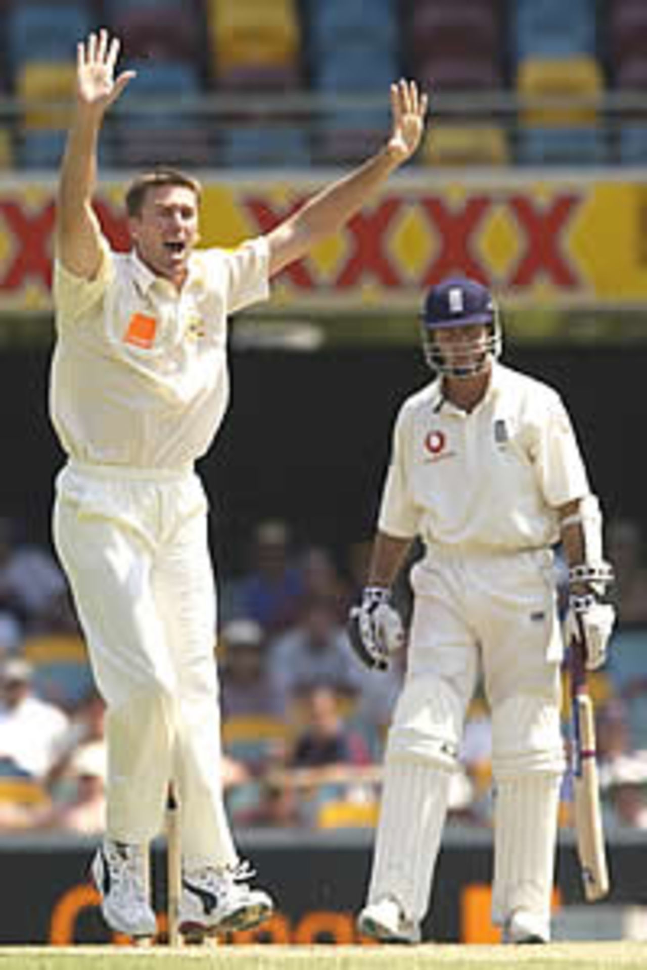 BRISBANE - NOVEMBER 10: Glenn McGrath of Australia successfully appeals for the wicket of Michael Vaughan of England during day four of the first Ashes Test between Australia and England at the Gabba in Brisbane, Australia on November 10, 2002.